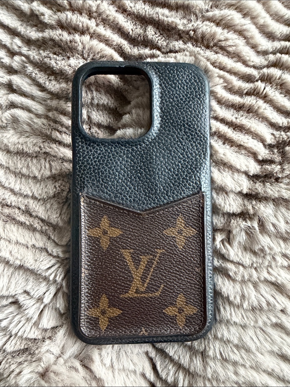 Louis Vuitton Black Leather iPhone 13 Pro Case with Brown Monogram Pocket